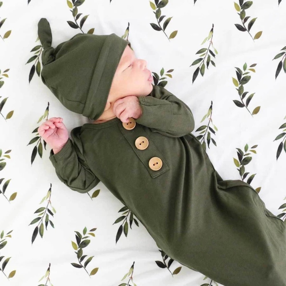 SOLID OLIVE BAMBOO BABY KNOT GOWN & HAT